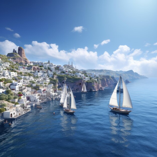 Sailing Serenity Capturing the Enchanting Santorini Coast in Pristine 8K HD Realism