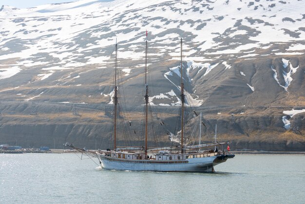 Sailing ship at anchor on Longyearbyen, Svalbard. Passenger cruise vessel. Arctic and Antarctic cruise.