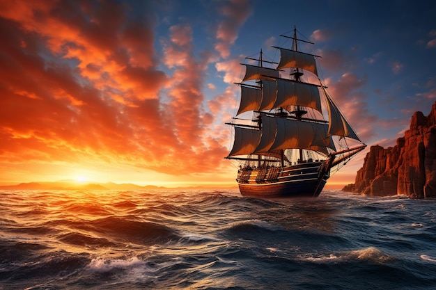 Sailing ship glides into the sunset excitement abounds