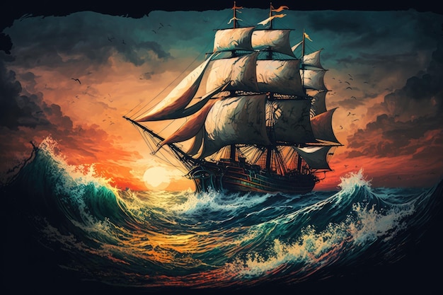 Sailing ship on high waves against backdrop of sunset sailing in a storm created with generative ai