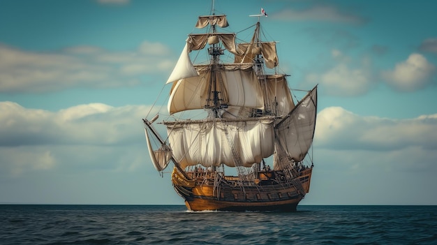Фото Парусный корабль в море в винтажном стиле