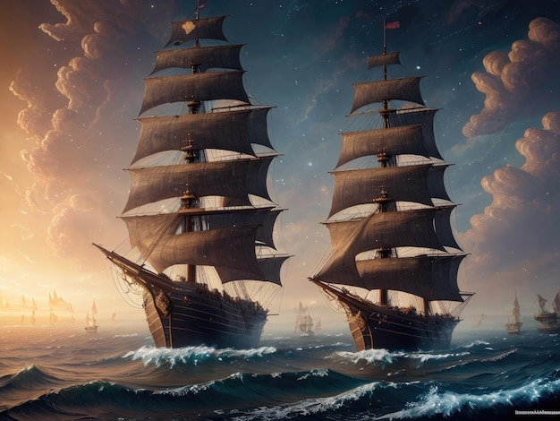 海の帆船のイラスト