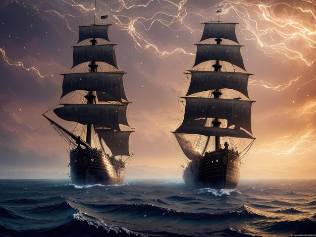 Sailing ship in the ocean Illustration