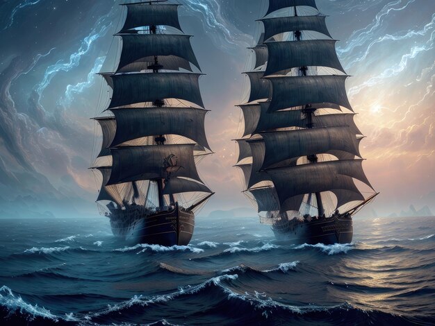 Sailing ship in the ocean Illustration