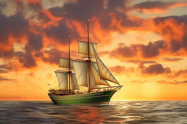 Sailing ship under sail at sunset on the high seas