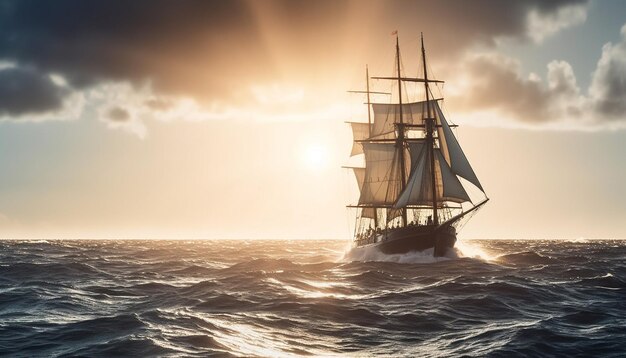 Sailing ship sails towards sunset on nautical adventure over water generated by artificial intelligence