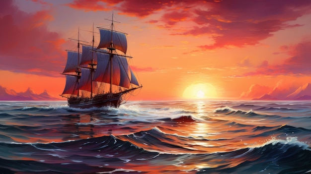 美しい夕日を背景に海上の帆船