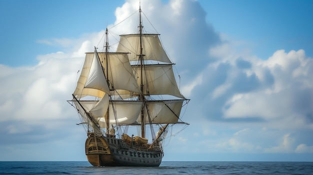 Sailing ship in the sea on a background of blue sky