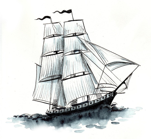 Sailing ship in the sea. Ink black and white drawing