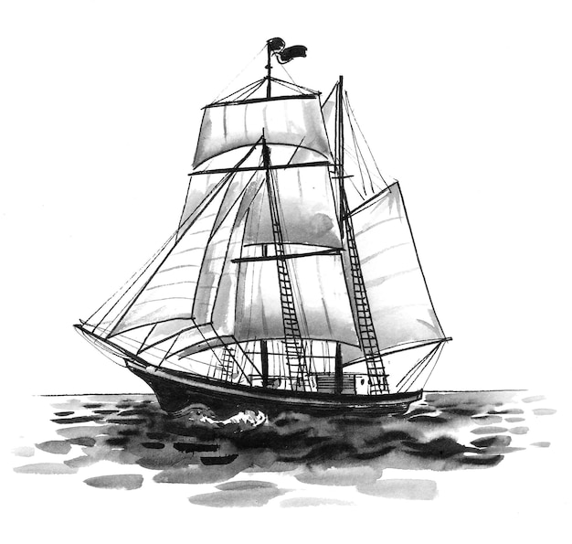 Sailing ship in the sea. Ink black and white drawing