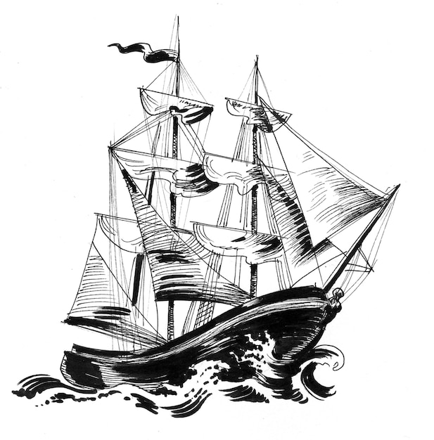 Sailing ship in the sea. Ink black and white drawing