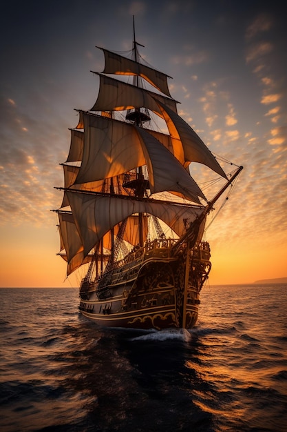 Sailing ship in the sea at sunset 3d illustration