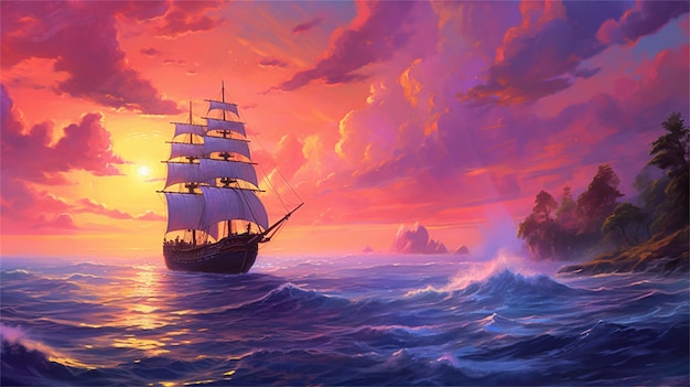 Sailing ship on the sea at sunset 3d illustration