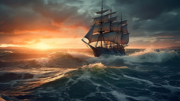 Sailing ship in the sea at sunset 3d render illustrationgenerative ai