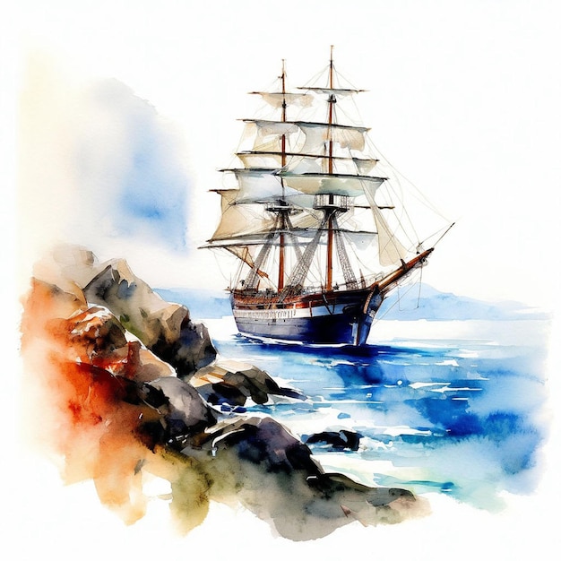 白い背景に水彩画を描いた海上の帆船