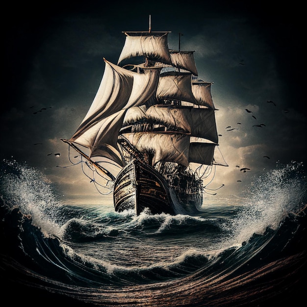 A sailing ship in a stormy ocean against a sunset background