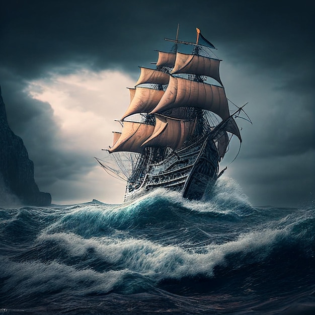 A sailing ship in a stormy ocean against a sunset background