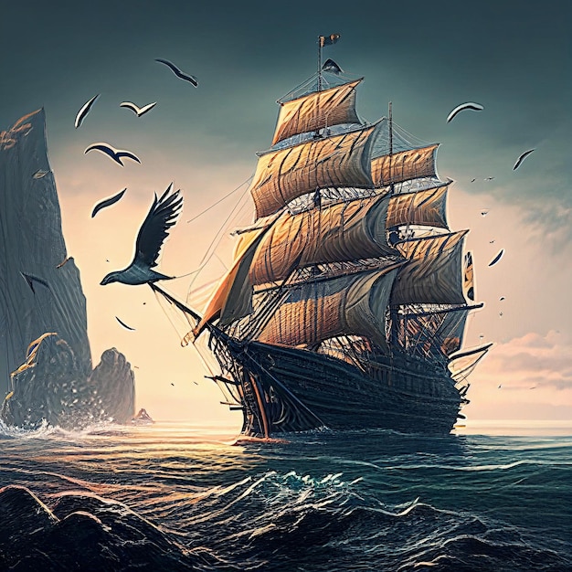 A sailing ship in a stormy ocean against a sunset background