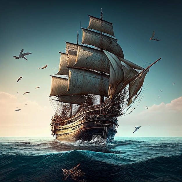 夕日を背景に嵐の海に浮かぶ帆船