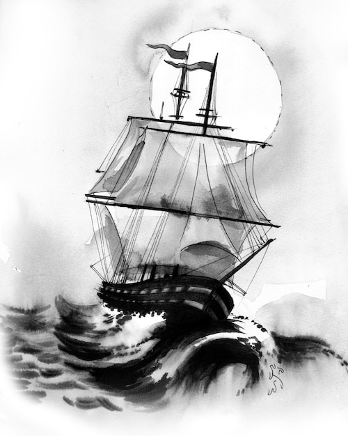 Sailing ship in stormy sea. Ink black and white drawing