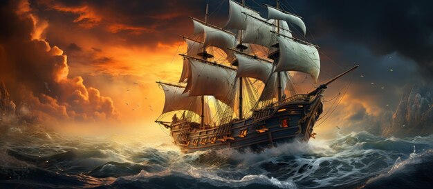 Sailing ship in stormy sea