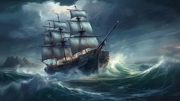 Photo sailing ship in stormy seagenerative ai