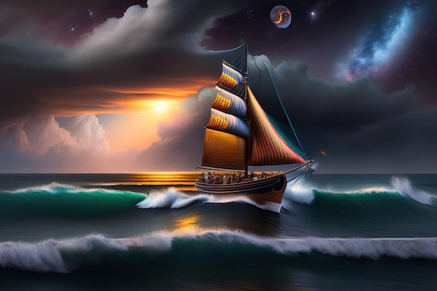 sailing ship with sunset in the sea