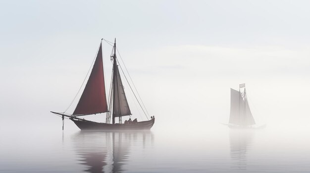 sailing ships sailing in sea fog hyper realistic peaceful landscape