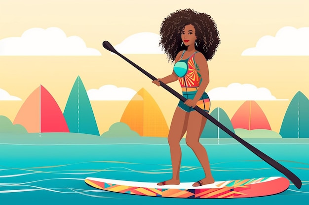여름의 행복으로 항해하는 활기찬 아프리카계 미국인 여성 SUP 보드에 글라이딩 모험을 포용