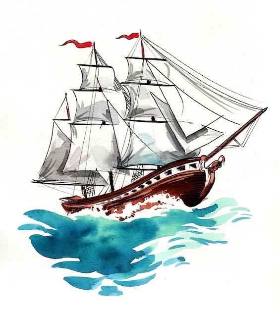 Sailing tall ship. Ink and watercolor drawing