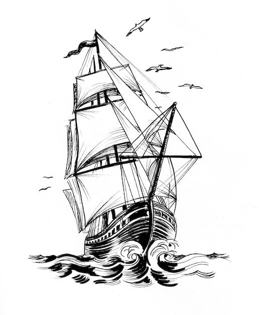 Sailing tall ship in the sea. Ink black and white drawing