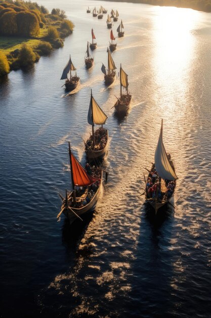 Sailing viking row ships on river Drakkar longships Scandinavian warrior Generative ai