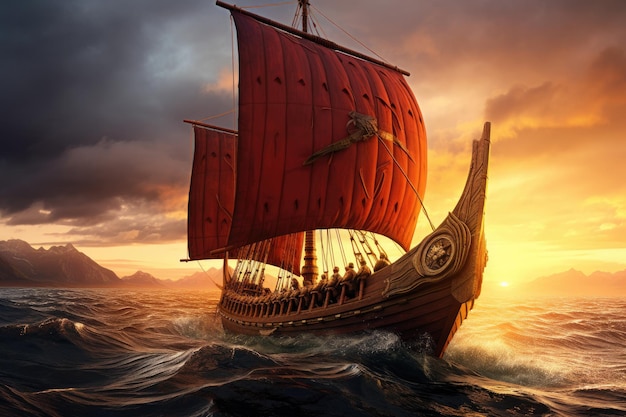 Photo sailing viking row ships on river drakkar longships scandinavian warrior generative ai