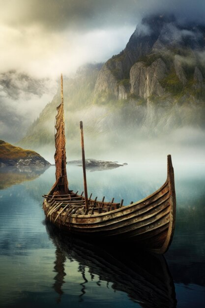 Photo sailing viking row ships on river drakkar longships scandinavian warrior generative ai