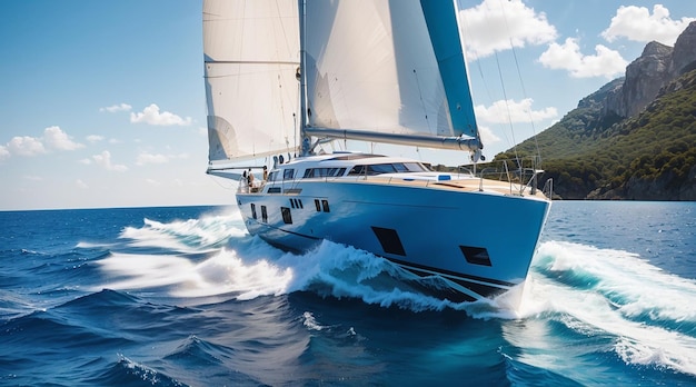 Sailing yacht on blue water speed and adventure