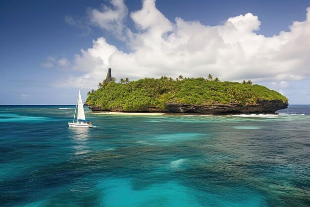 Sailing yacht cruising past idyllic tropical island created with generative ai