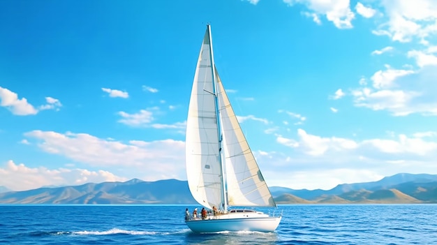 Sailing yacht gliding on blue waves background