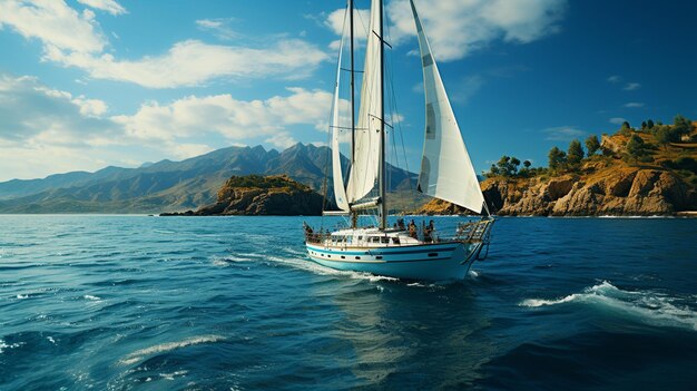 Sailing yacht gliding on blue waves background