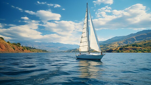 Sailing yacht gliding on blue waves background