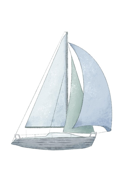 Photo sailing yacht illustration, drawing in pastel colors in vintage style