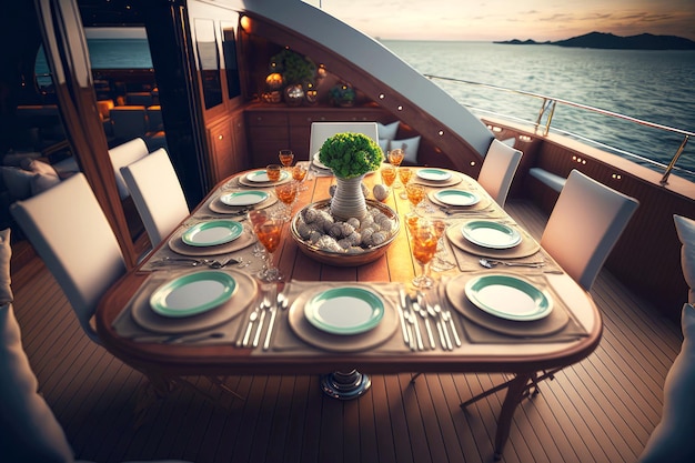 Sailing on yacht Interior leisure boat with table set on board