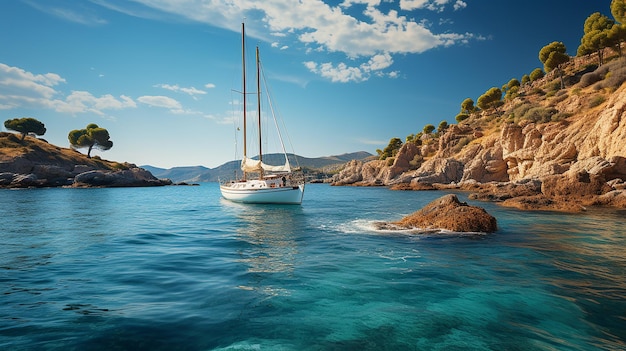 Sailing Yacht in Turquoise Mediterranean Sea Tranquil Tones