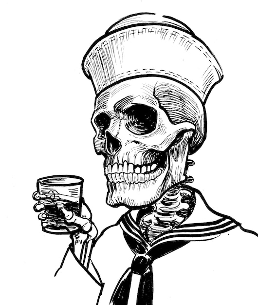 Photo sailor drinking a glass of rum. ink black and white drawing