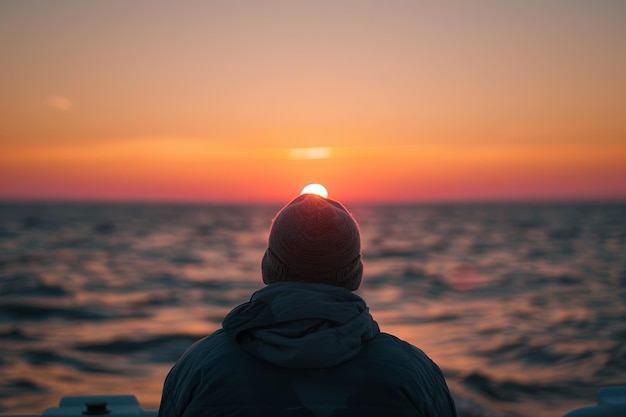 静かな海の地平線を静けさと冒険の感覚で眺めながら日が昇るとき静かに孤独の瞬間を楽しんでいる船員