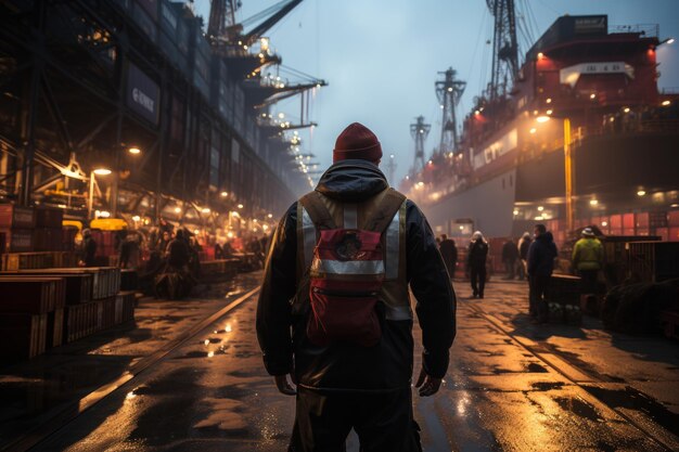 Sailor securing cargo on a freighter's deck in a busy shipping yard Generative AI