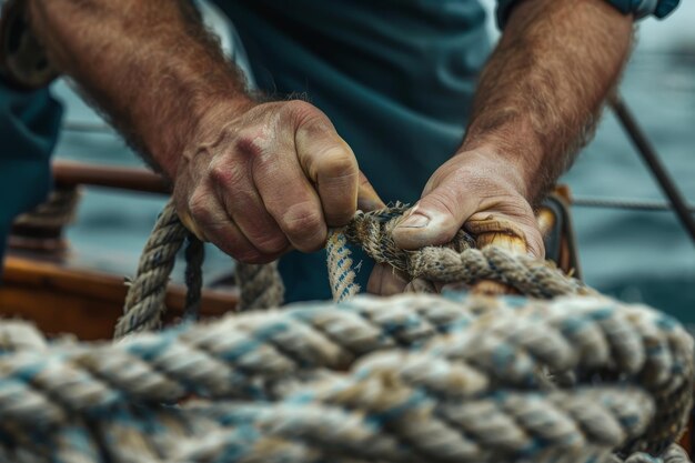 A sailor skillfully tying knots on ropes and rigging demonstrating seamanship and expertise in maritime skills