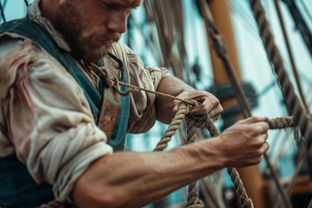 A sailor skillfully tying knots on ropes and rigging demonstrating seamanship and expertise in maritime skills