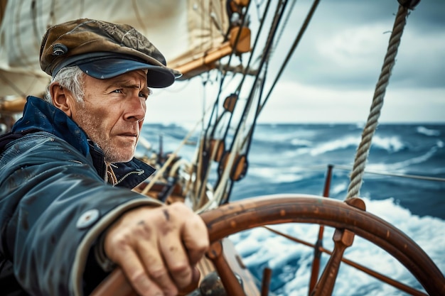 A sailor standing confidently at the helm of a sailing ship navigating through the open sea with determination