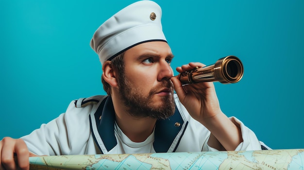 A sailor with a beard and a white hat is looking through a telescope He is wearing a white shirt and a blue jacket