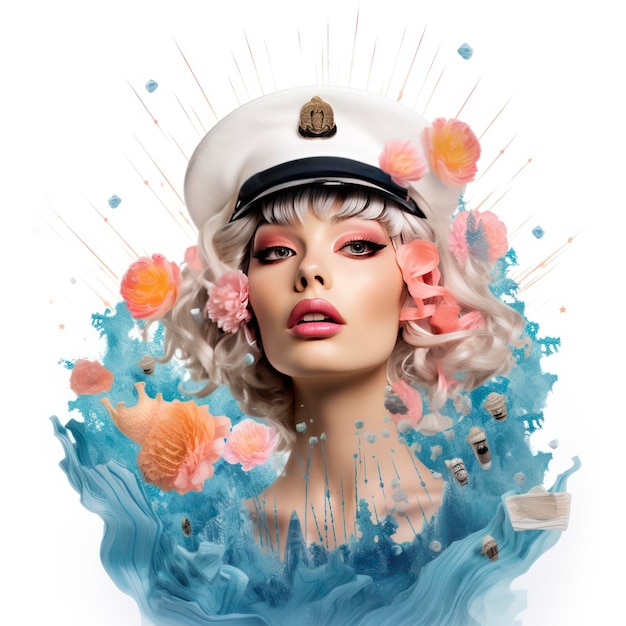 Sailor woman portrait in electric dreamscape style pop inspo isolated on white background